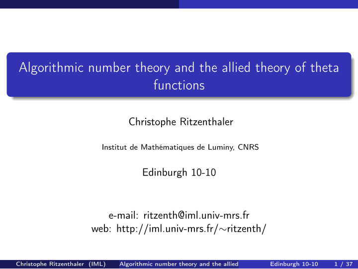 algorithmic number theory and the allied theory of theta