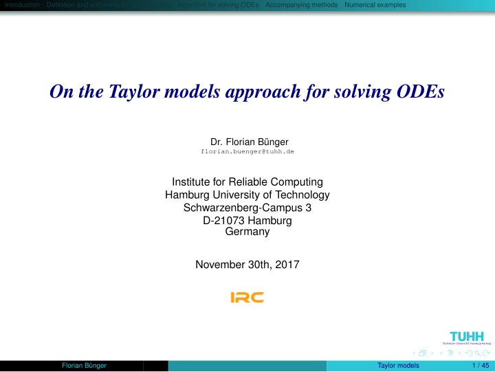 on the taylor models approach for solving odes