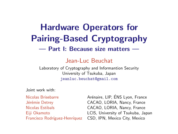 hardware operators for pairing based cryptography