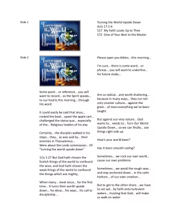 Slide 1 Turning the World Upside Down Acts 17:1 - 6 517  My Faith Looks Up to Thee 572  Give of