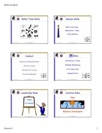 Belbin Team Roles  Session Guide  Belbin team types  Implications / issues  Action planning