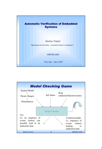 Model Checking Game  System Model  Reqs  +  Init States  (undesired/desired states)  Param. Ranges