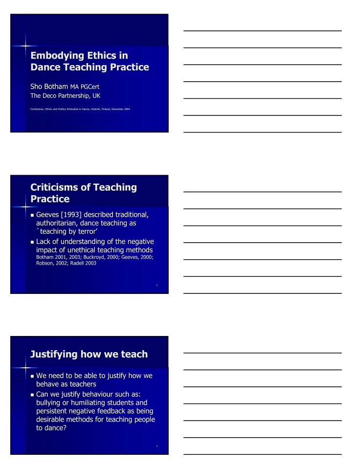 embodying ethics in embodying ethics in dance teaching