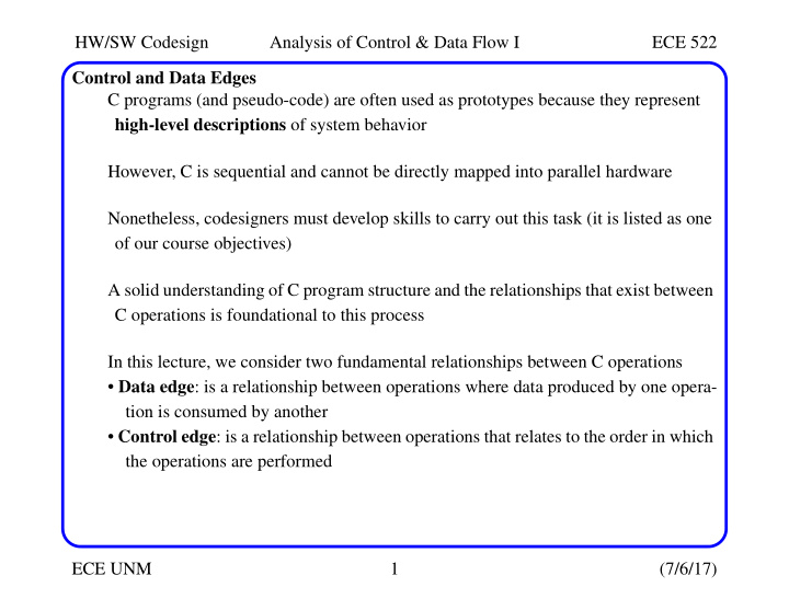 hw sw codesign analysis of control data flow i ece 522