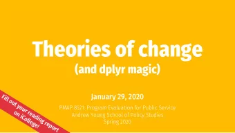 Theories of change  (and dplyr magic)  January 29, 2020  Fill out your reading report  PMAP 8521: