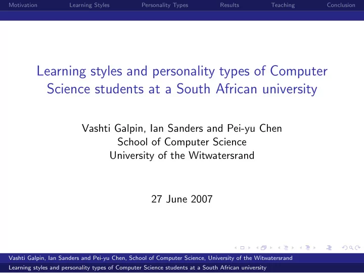 learning styles and personality types of computer science