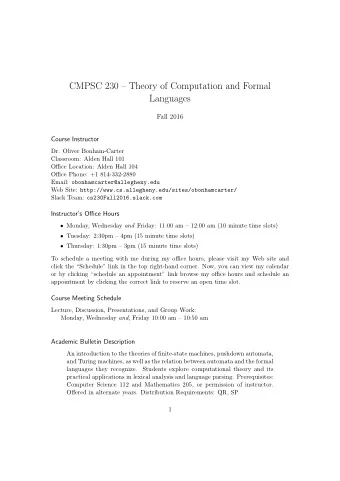 CMPSC 230  Theory of Computation and Formal  Languages  Fall 2016  Course Instructor  Dr. Oliver