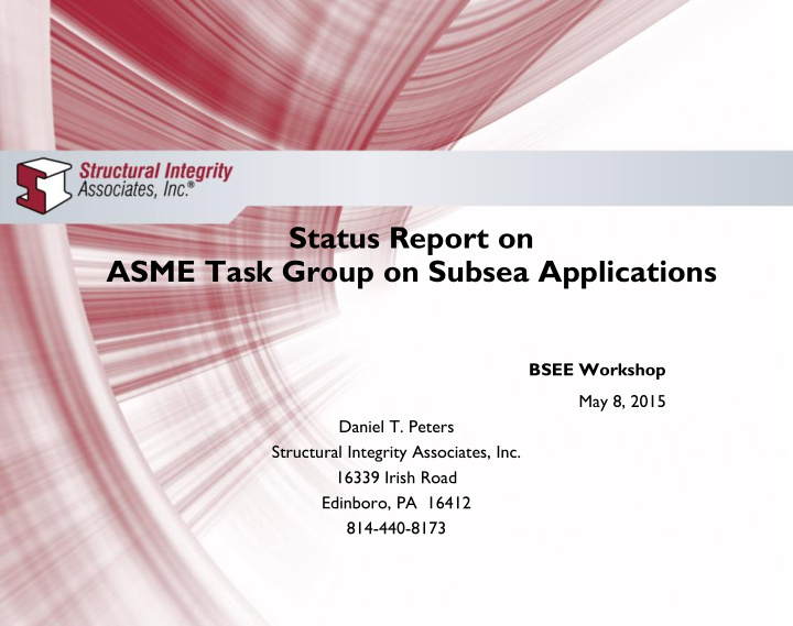 status report on asme task group on subsea applications