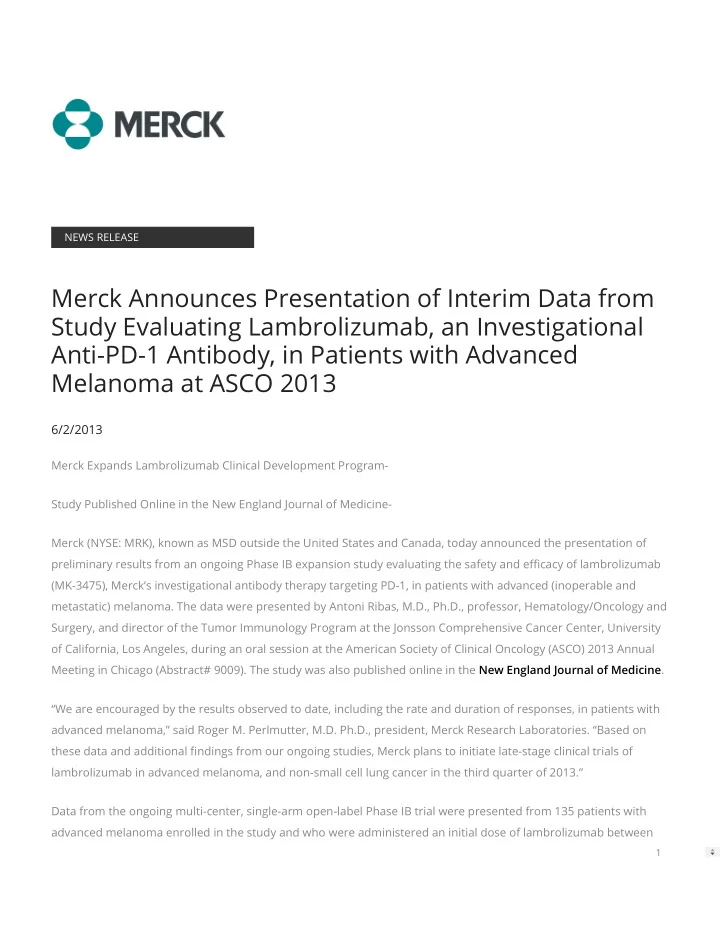 merck announces presentation of interim data from study