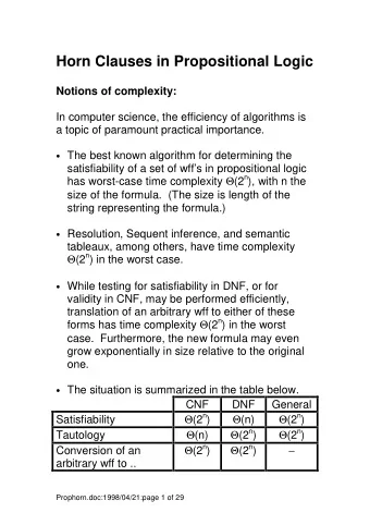 Horn Clauses in Propositional Logic  Notions of complexity:  In computer science, the efficiency of
