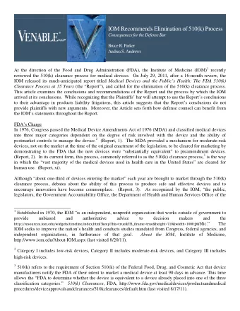 IOM Recommends Elimination of 510(k) Process  Consequences for theDefenseBar  BruceR.Parker