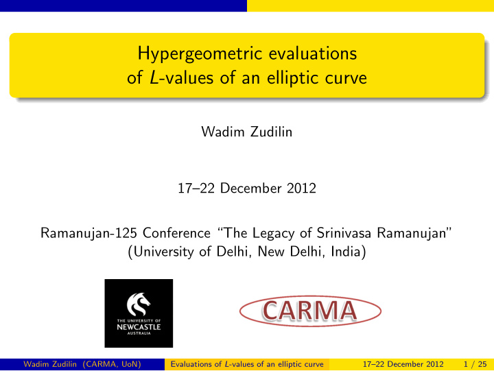 hypergeometric evaluations of l values of an elliptic