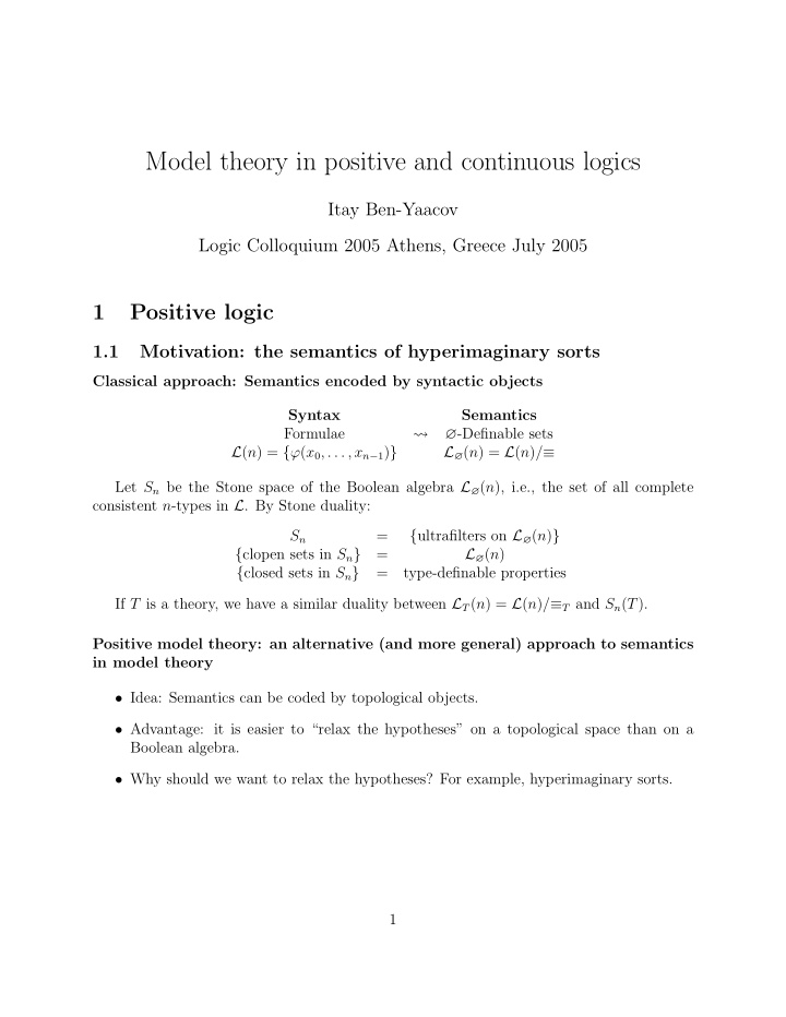 model theory in positive and continuous logics