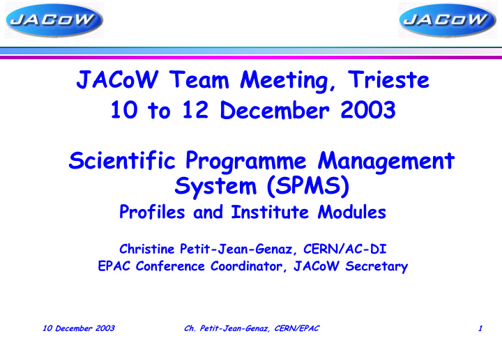 jacow team meeting trieste 10 to 12 december 2003