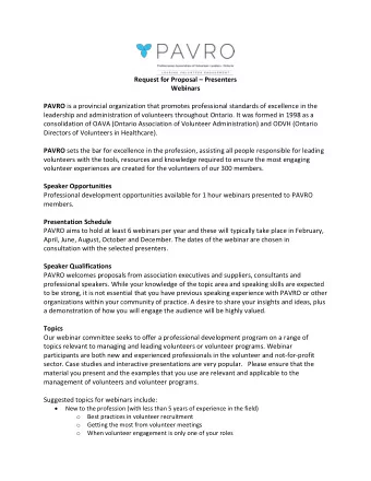 Request for Proposal  Presenters  Webinars PAVRO is a provincial organization that promotes
