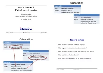 Orientation  Lectures 5-6  ANLP Lecture 8  Task:  Language modelling  Part-of-speech tagging