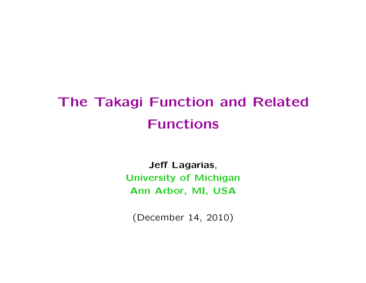 the takagi function and related functions