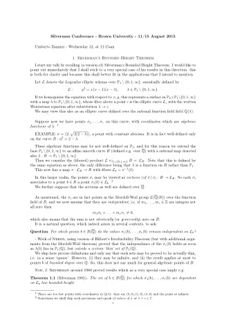 Silverman Conference - Brown University - 11/15 August 2015  Umberto Zannier - Wednesday 12, at