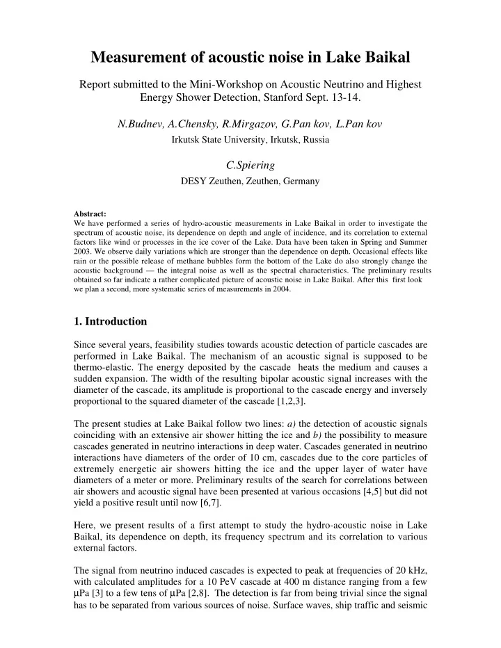 measurement of acoustic noise in lake baikal