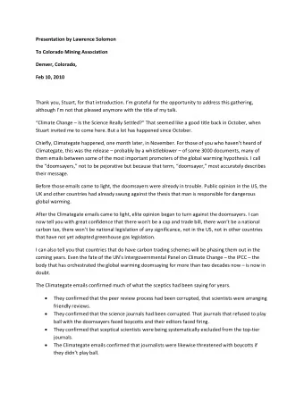 Presentation by Lawrence Solomon To Colorado Mining Association Denver, Colorado, Feb 10, 2010