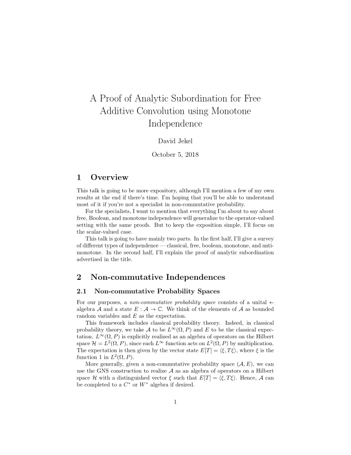 a proof of analytic subordination for free additive