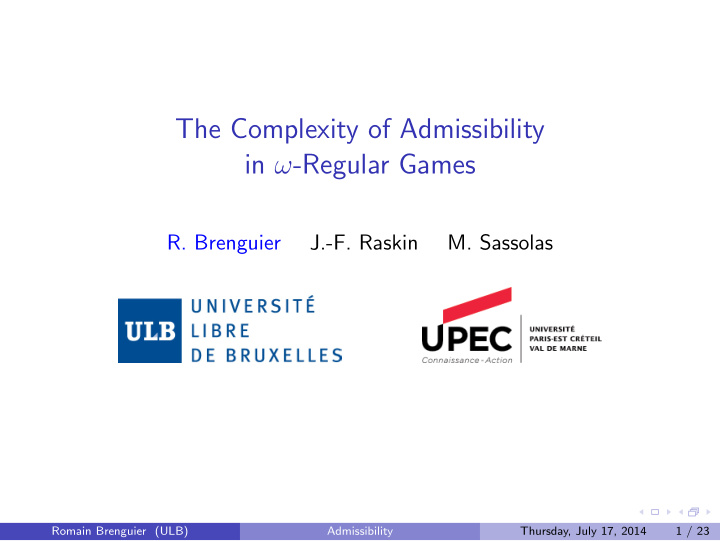 the complexity of admissibility in regular games