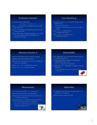 Evaluation function Cost function g  g  Evaluation function  Cost function  expand vertex