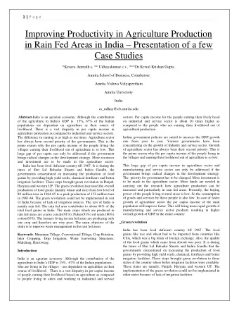 Improving Productivity in Agriculture Production in Rain Fed Areas in India  Presentation of a