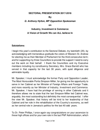 SECTORAL PRESENTATION 2017-2018  By  G. Anthony Hylton, MP Opposition Spokesman  on  Industry,