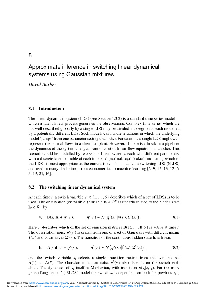 8 approximate inference in switching linear dynamical