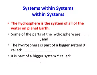 Systems within Systems  within Systems  The hydrosphere is the system of all of the  water on