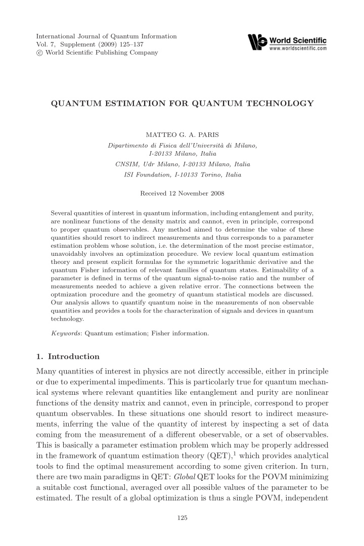 quantum estimation for quantum technology