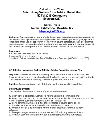 Calculus Lab Time:  Determining Volume for a Solid of Revolution  NCTM 2013 Conference  Session