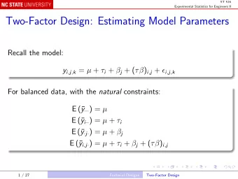 Two-Factor Design: Estimating Model Parameters  Recall the model: y i , j , k =  +  i +  j +