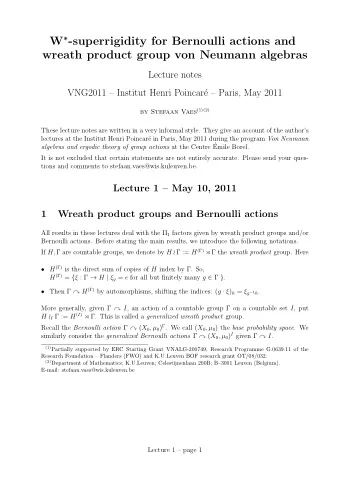 W  -superrigidity for Bernoulli actions and  wreath product group von Neumann algebras  Lecture