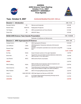 Tues. October 9, 2007  Continental Breakfast From 8:00 - 8:30 a.m.  Session 1:  Introduction  8:30