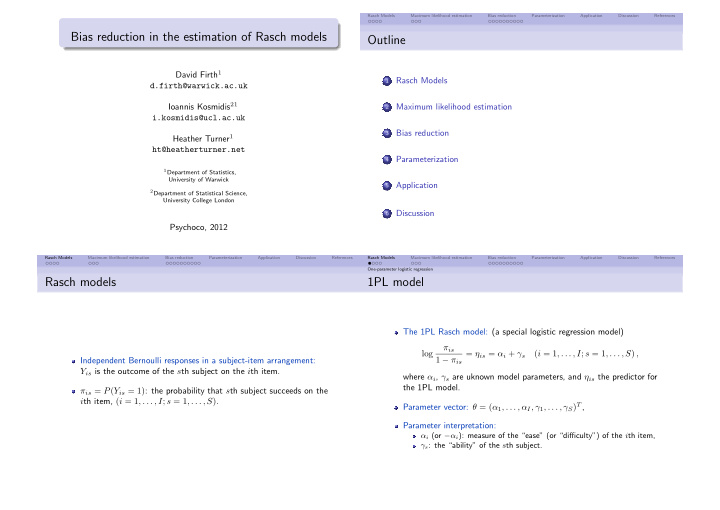 bias reduction in the estimation of rasch models outline