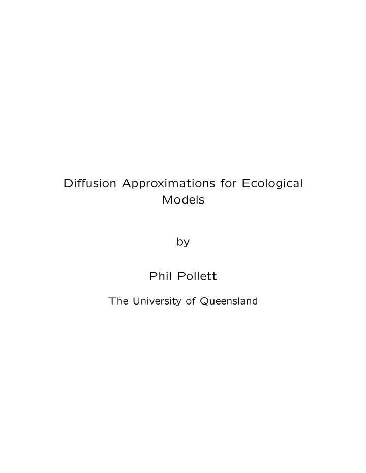 diffusion approximations for ecological models by phil