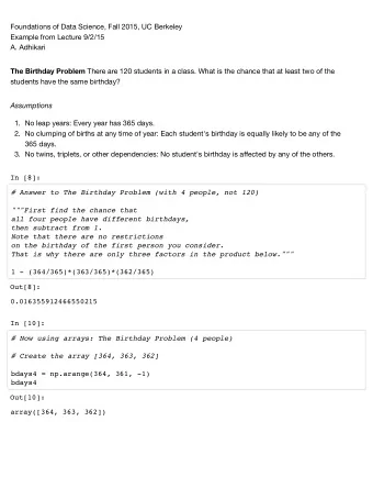 Foundations of Data Science, Fall 2015, UC Berkeley  Example from Lecture 9/2/15  A. Adhikari The