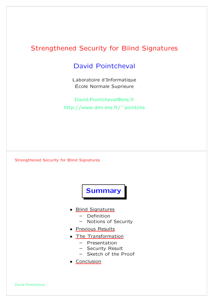 strengthened security for blind signatures david