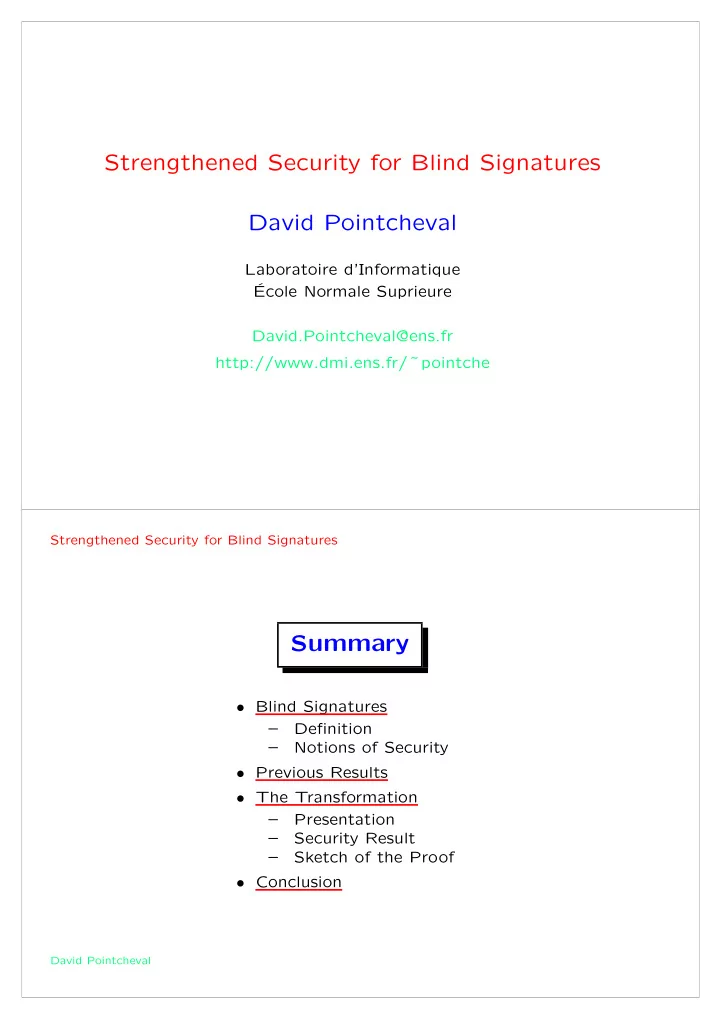 strengthened security for blind signatures david
