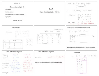 lecture 3  Combinational logic  1  Quiz 1  - truth tables  - Boolean algebra  Class should start