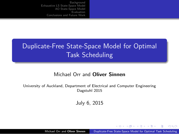 duplicate free state space model for optimal task