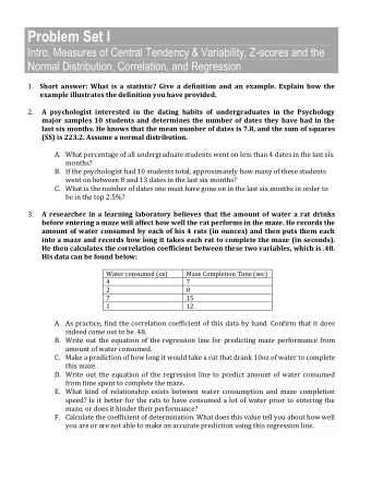 Problem Set I  Intro, Measures of Central Tendency &amp; Variability, Z-scores and the  Normal