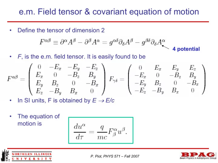e m field tensor covariant equation of motion