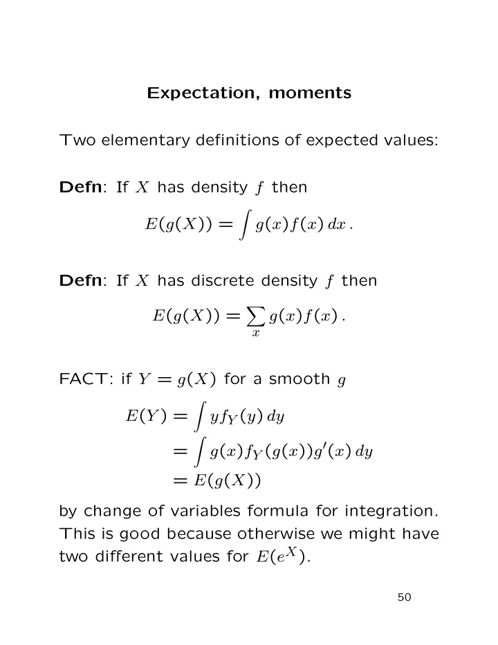 expectation moments two elementary definitions of