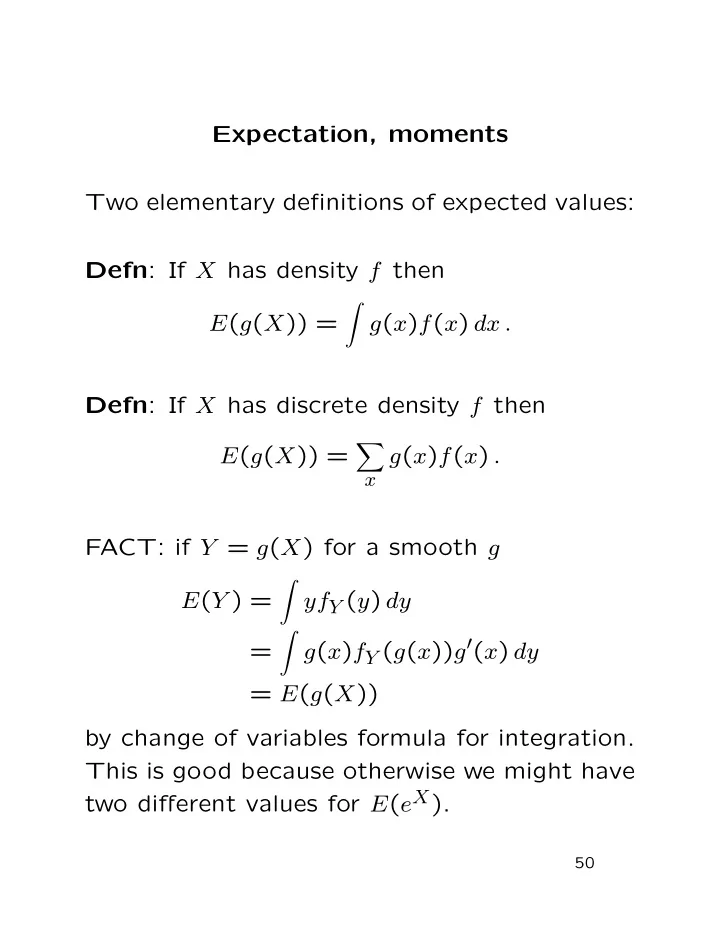 expectation moments two elementary definitions of