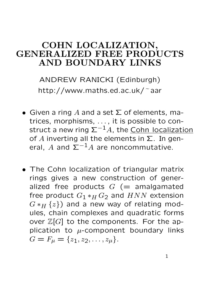 cohn localization generalized free products and boundary