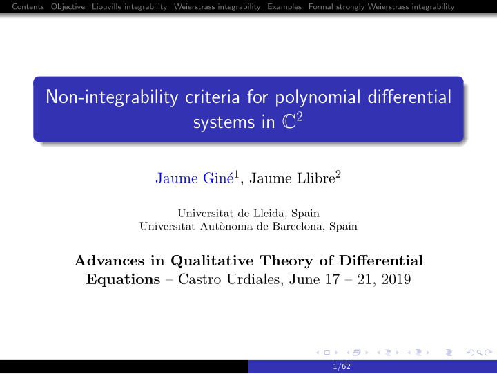 non integrability criteria for polynomial differential