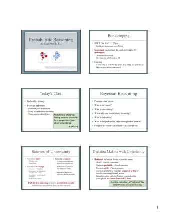 Bayesian Reasoning  Todays Class  Probability theory  Posteriors and priors  What is